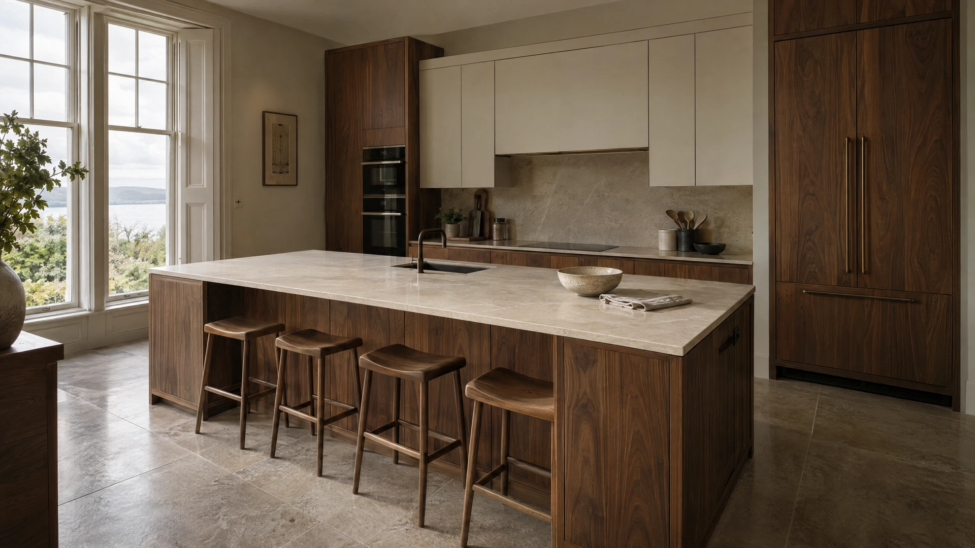 Design visualisation: contemporary walnut kitchen design concept with a large limestone island and soft natural daylight