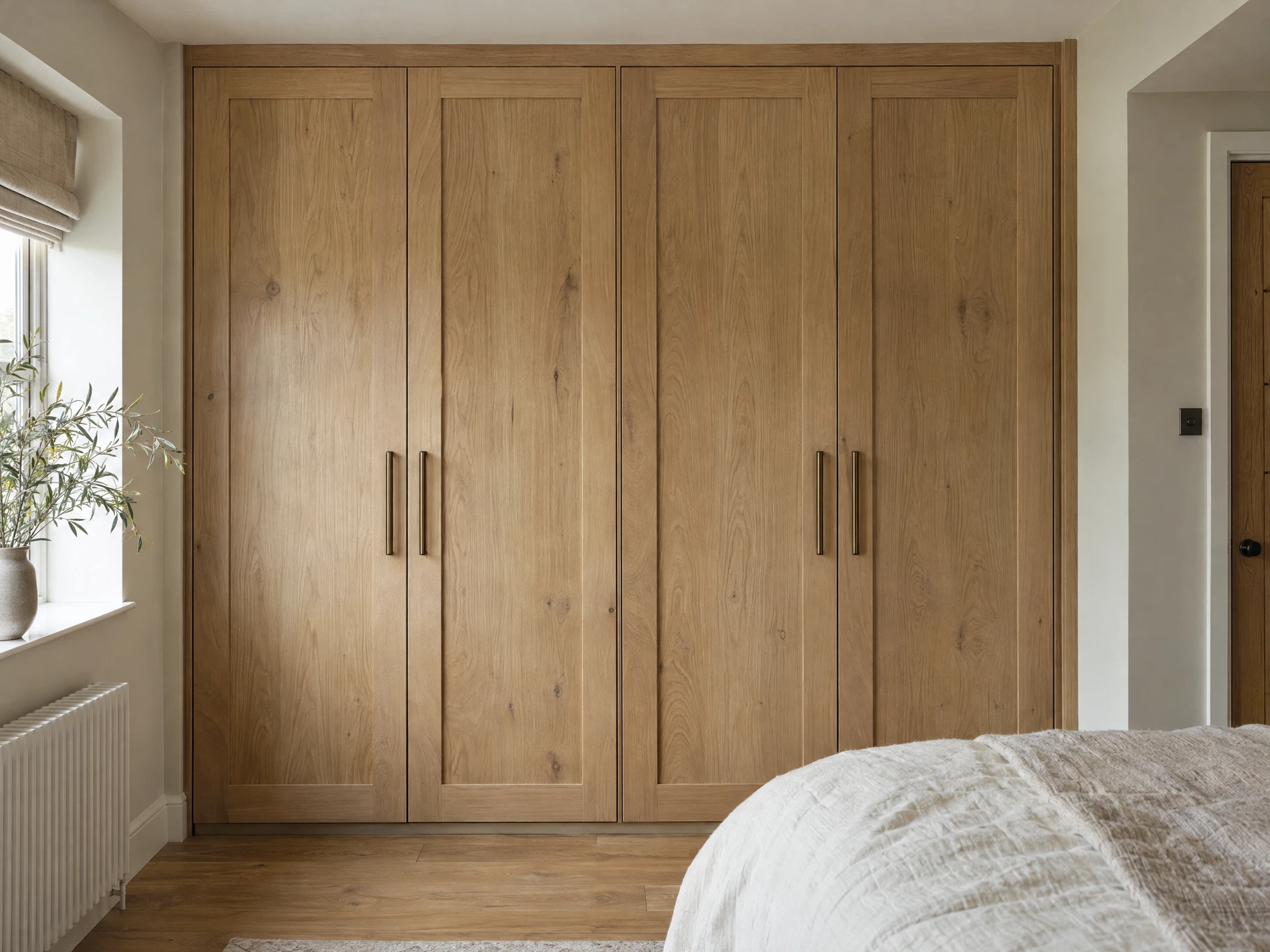 Design visualisation: natural white-oak fitted wardrobe design concept with soft bedroom daylight