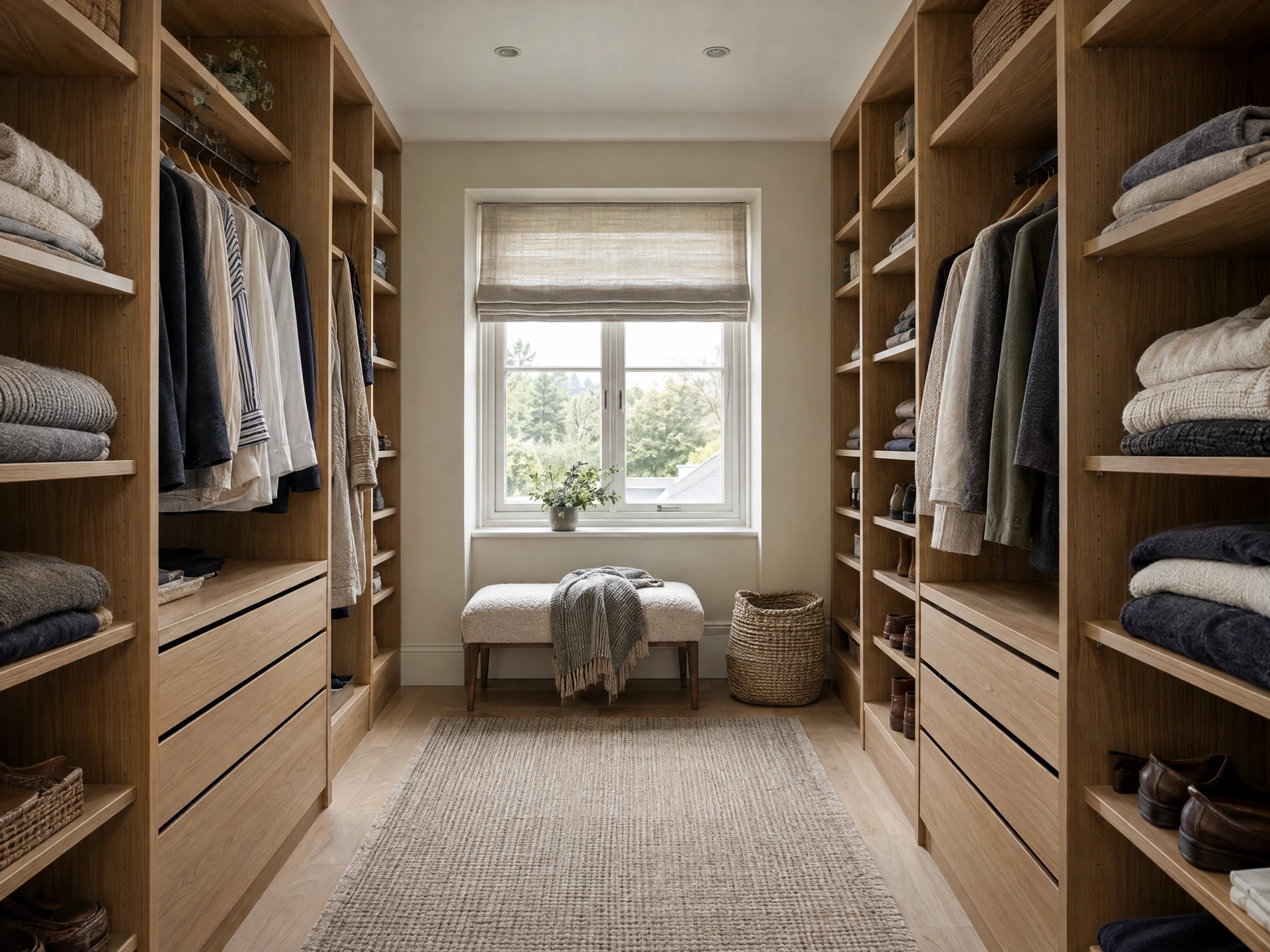 Design visualisation: practical oak walk-in wardrobe design concept in a naturally lit dressing room