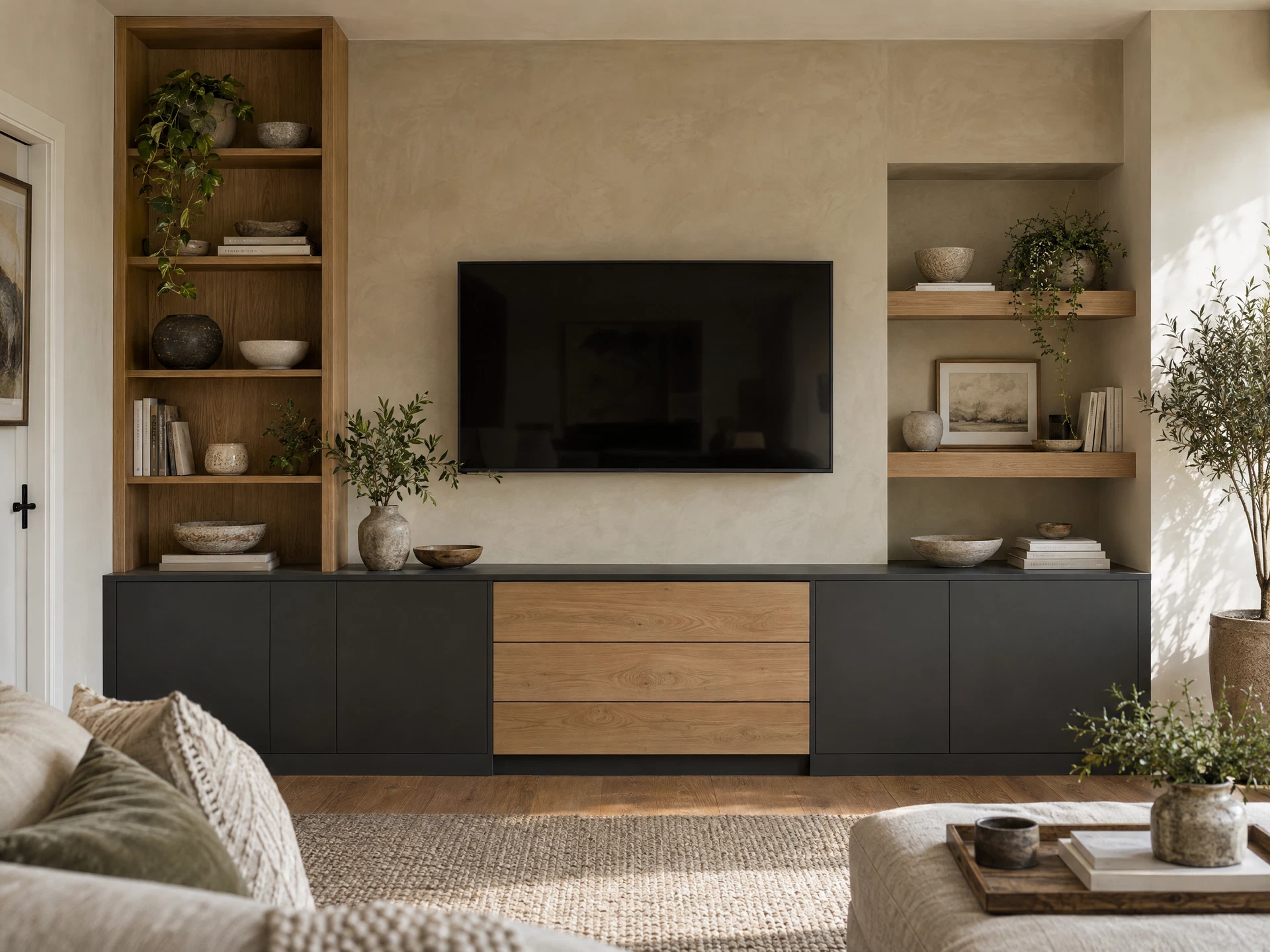Design visualisation: oak and charcoal media-wall design concept with natural living-room light